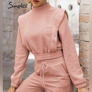 Simplee Women’s Pink Quilted Long Sleeve Crop Top Mock Neck Pullover Size L